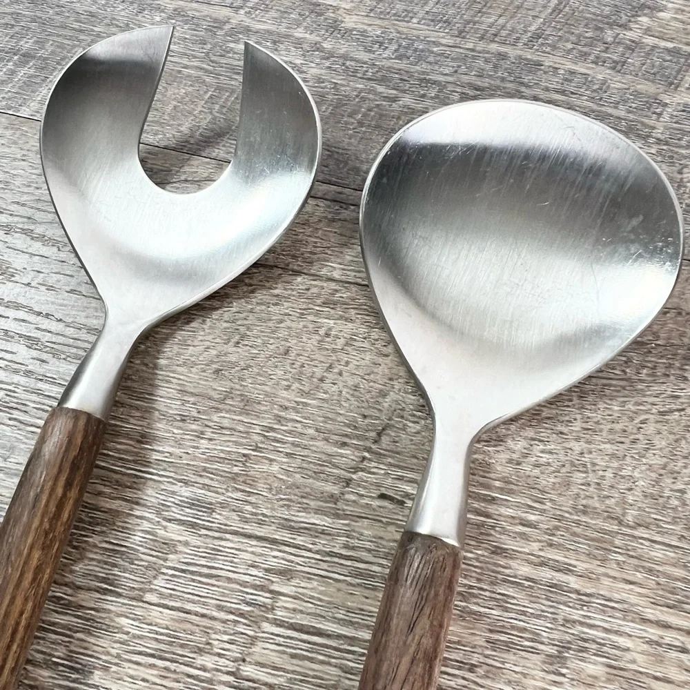 Reed & Barton Viking wood handle Salad Serving MCM mid century Stainless hostess